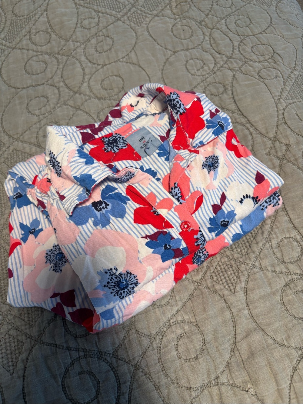 Jane and Bleecker Floral Pajama Set! Button-Front Ruffled Crop Top - Blue, Pink